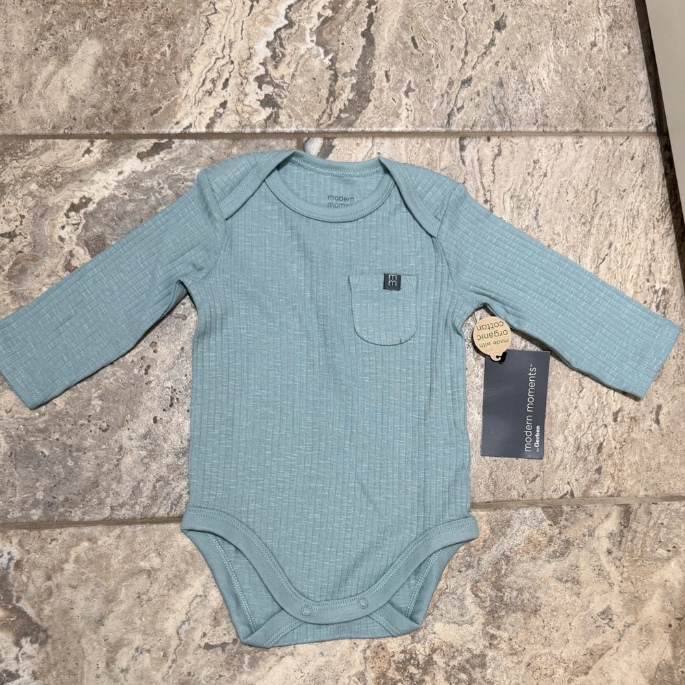 NWT size 12 months Modern Moments Blue Long Sleeve Baby Organic Cotton Bodysuit